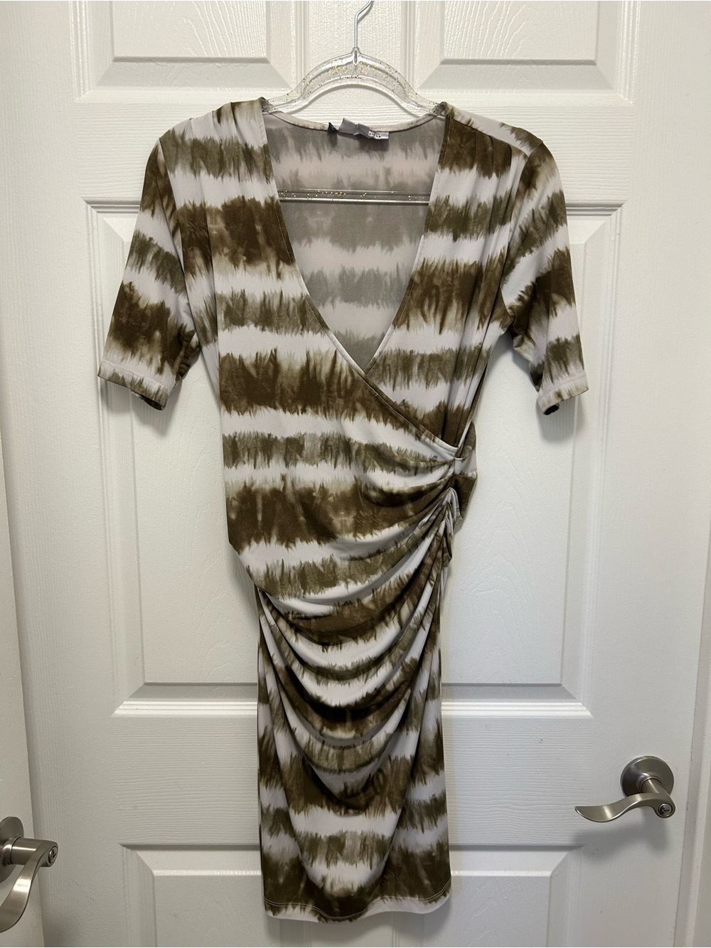 Jennifer Lopez Olive and White Tie-Dye Wrap Midi Dress